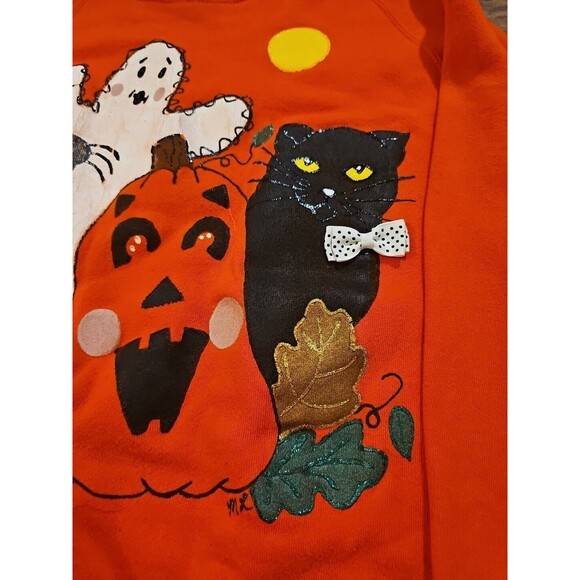 VTG 80s Jerzees Cat Halloween Orange Sweatshirt Adult XL Sweater Glitter Ghost - Picture 5 of 8